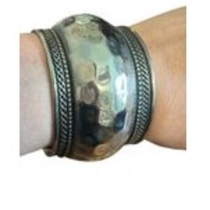 Vintage Hammered Dome Cuff Bracelet Braided Twisted Metallic Grecian Boho Indie